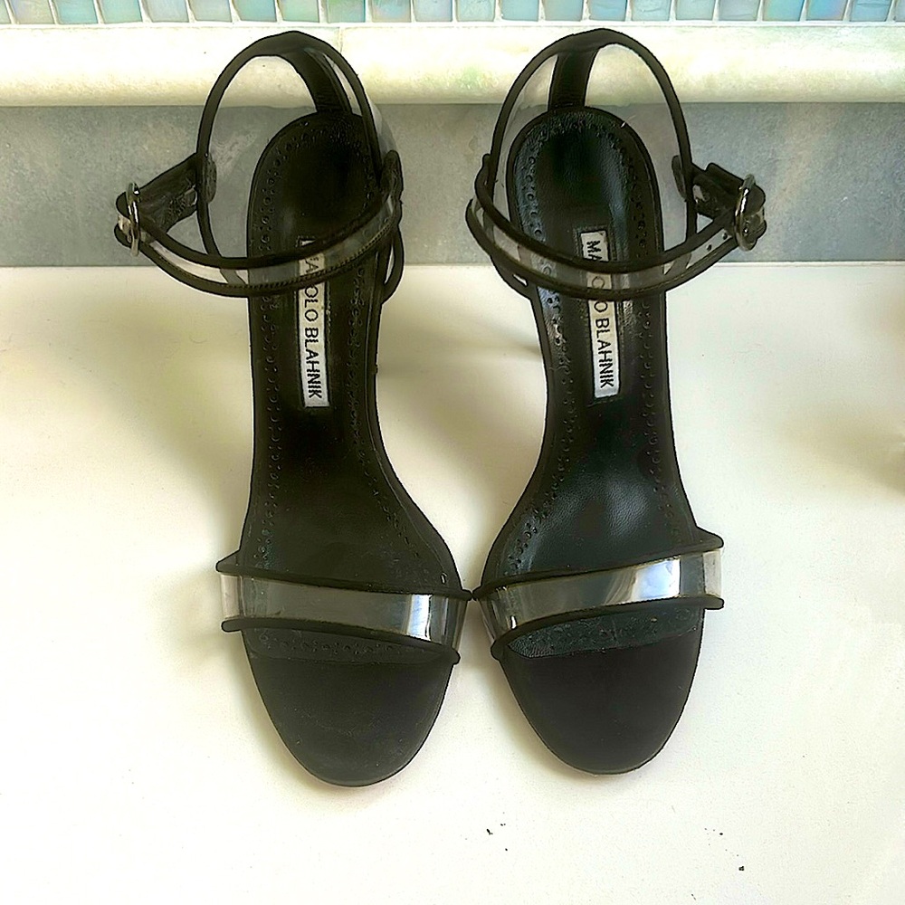 Manolo Blahnik clear sandals with black suede trim size 36.5